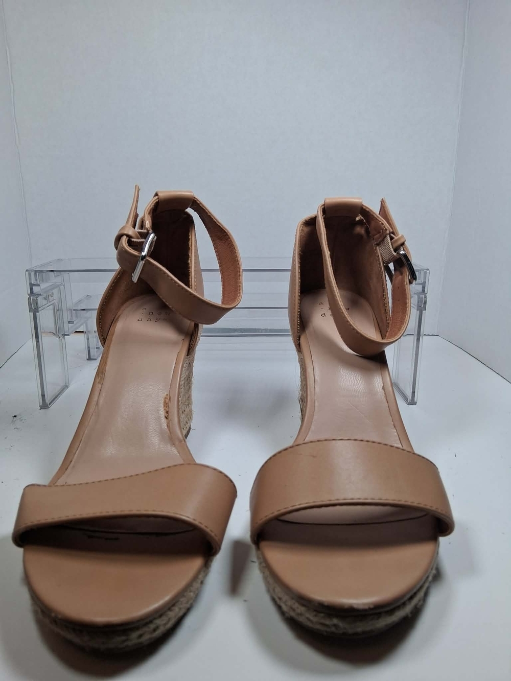 A New Day Tan Faux Leather Wedge Sandals Buckle Ankle Strap Women's US 8